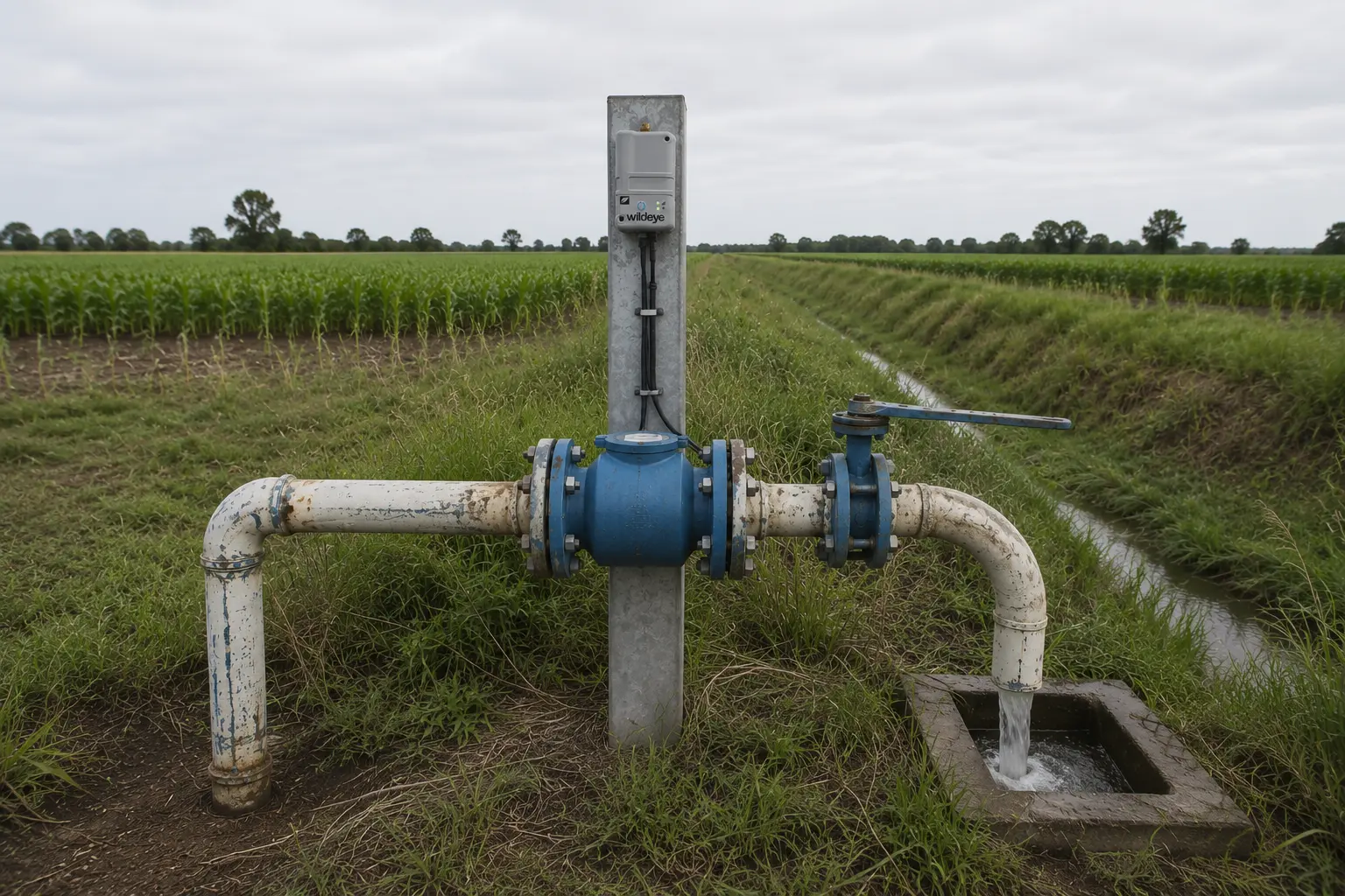 A Wildeye logger on a post above an inline flow meter and butterfly valve on a farm supply line, discharging into a channel beside a maize crop