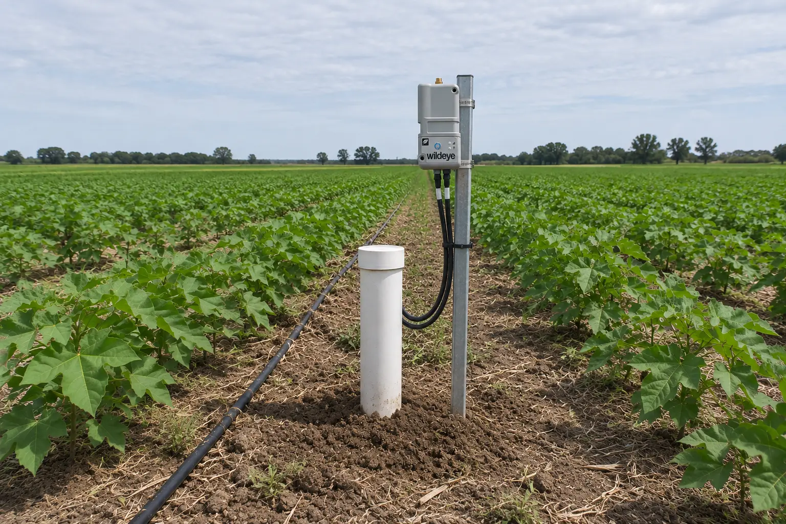 A Wildeye logger mounted on a steel post beside a soil-probe access tube, in a cotton crop with drip line running between the rows