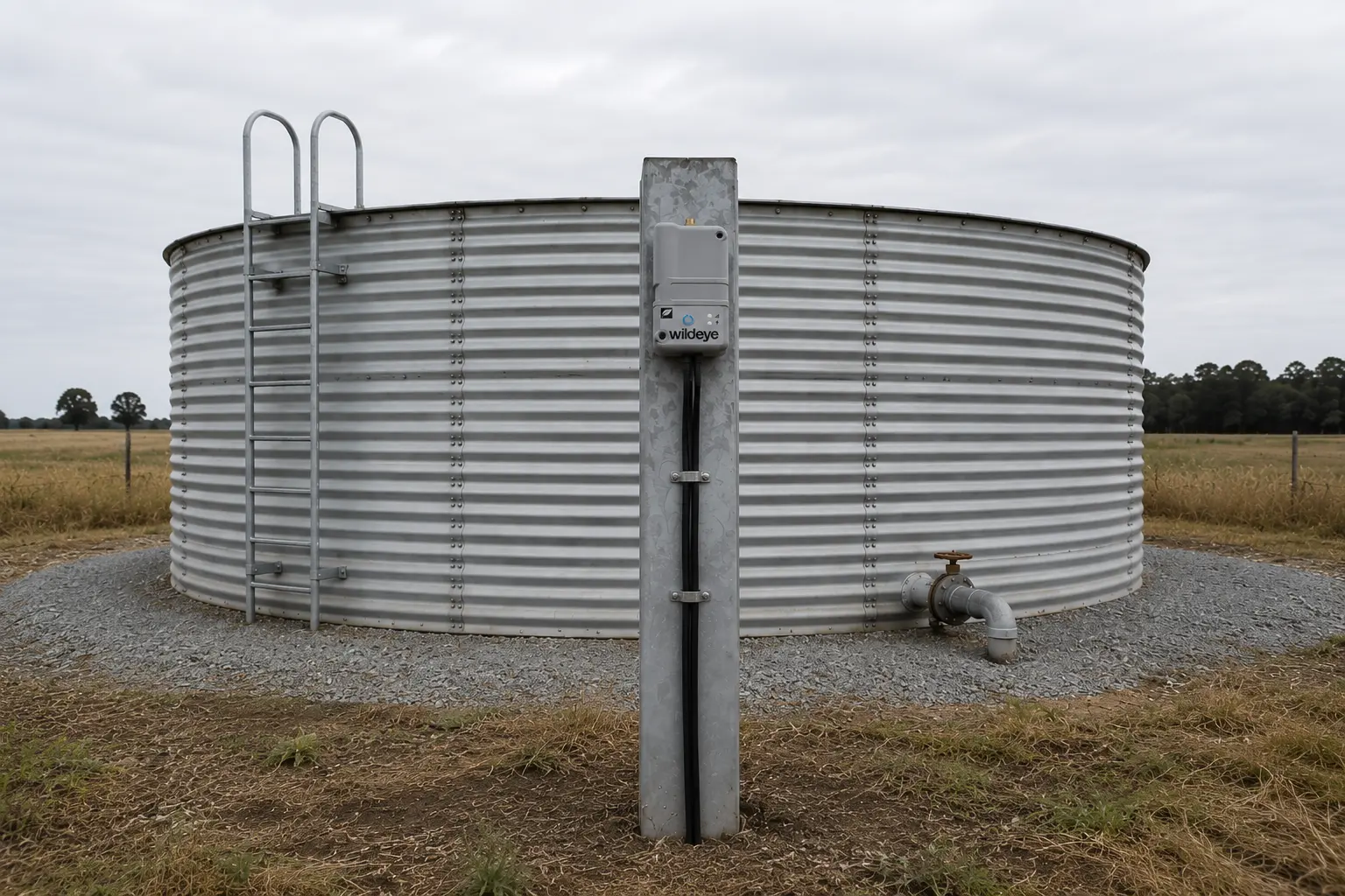 A Wildeye logger mounted on a galvanised post in front of a corrugated steel water tank, its sensor cable clipped down the post to the tank outlet, in an open paddock