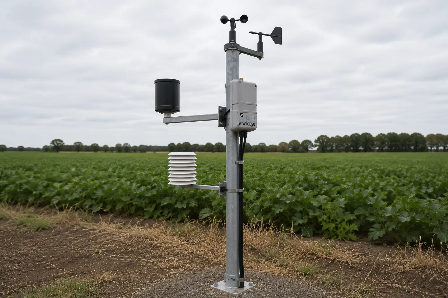 A Wildeye weather station on a galvanised mast at the edge of a green crop. Anemometer and wind vane on top, rain gauge and louvred radiation shield on side arms, the logger mid-mast.